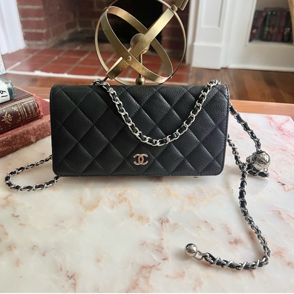 Dark Navy Blue, Long Caviar Chanel Flap Wallet with Added Chain woc